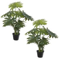 Set van 2x stuks groene gatenplant Philodendron Selloum kunstplanten in zwarte kunststof pot 55 cm - thumbnail