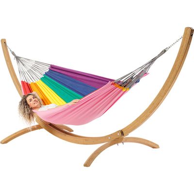 Tweepersoons hangmat met houten standaard - 350x160cm -Regenboog - 160kg draagkracht- 100% katoen - binnen & buiten