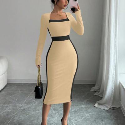 Bon&Bon Navy Blue Colorblock Bodycon Maxi Dress | Square Neck Long Sleeve Khaki / M