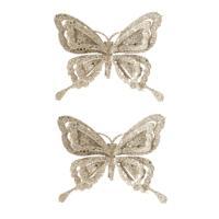 Kerstboomversiering Vlinder - 2x - 14 cm - champagne glitter - op clip - ornament