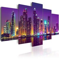 Schilderij - Paarse Nacht , Skyline van Desert City , Dubai , 5 luik