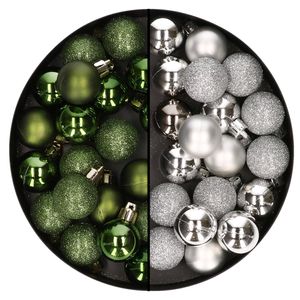 40x stuks kleine kunststof kerstballen groen en zilver 3 cm - Kerstbal