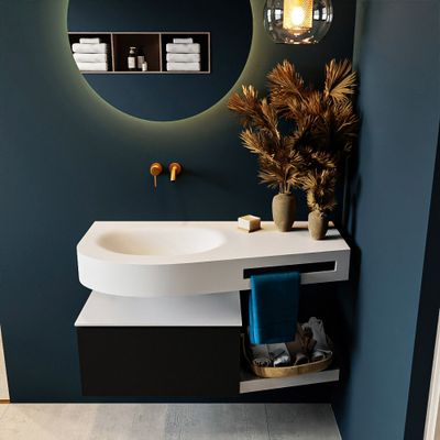 MONDIAZ RIVA 100cm badmeubel onderkast / planchet kleur Urban met 1 lade. Wastafel DULCET links 0 kraangaten kleur Talc.