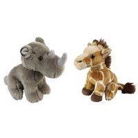 Knuffeldieren set giraffe en neushoorn pluche knuffels 18 cm - thumbnail