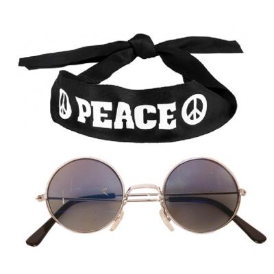 Hippie Flower Power verkleedset - Peace hoofdband - met ronde glazen verkleed bril - antraciet