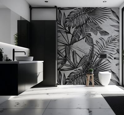 Grijze fotobehang met zwarte planten