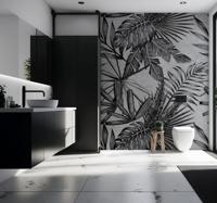 Grijze fotobehang met zwarte planten