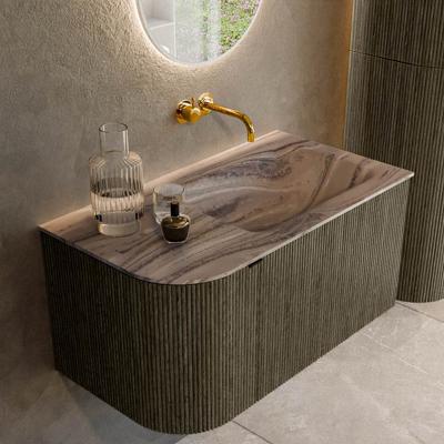 Badmeubel Mondiaz Kurve-Dlux | 85 cm | Meubelkleur Shadow | Wastafelkleur Sombra | Solid surface | Wasbak rechter zijde spoelbak | Zonder kraangat(en)