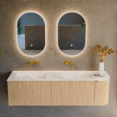 Badmeubel Mondiaz Kurve-Dlux | 155 cm | Meubelkleur Oak | Wastafelkleur Frappe | Solid surface | Dubbele spoelbak | Zonder kraangat(en)