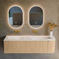 Badmeubel Mondiaz Kurve-Dlux | 155 cm | Meubelkleur Oak | Wastafelkleur Frappe | Solid surface | Dubbele spoelbak | Zonder kraangat(en) Badmeubel Mondiaz Kurve-Dlux | 155 cm | Meubelkleur Oak | Wastafelkleur Frappe | Solid surface | Dubbele spoelbak | Zonder kraangat(en)
