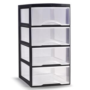 Ladeblokje/bureau organizer met 4x lades - transparant/zwart - L18 x B23 x H34 cm - plastic