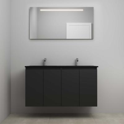 On-Line Badkamermeubelset - 120 cm - Bouwpakket - Greeploze Ladestructuur - Acryl Wastafel - 2 Kraangaten - Spiegel met LED-Verlichting - Mat Zwart