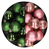 24x stuks kunststof kerstballen mix van oudroze en donkergroen 6 cm - thumbnail