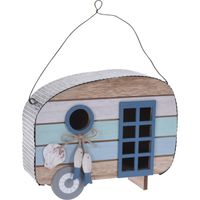 Houten vogel voeder huisje voor pindas/vetbollen caravan blauw 22 x 18 x 8 cm - thumbnail