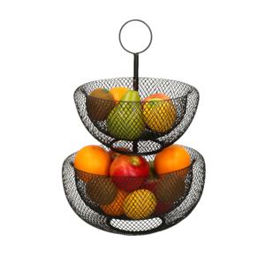 Dubbele etagere fruitschaal/fruitmand rond zwart metaal 29 x 47 cm