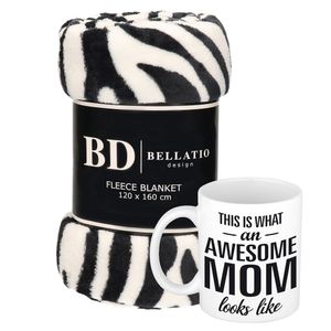 Cadeau moeder set - Fleece plaid/deken zebra print met Awesome Mom mok