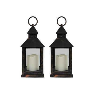 Lantaarn - 2x - vintage look - met LED kaars - 10.5 x 10.5 x 24 cm - sfeerlicht - binnen / buiten