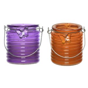 Citronella windlicht met kaars - 2x - paars en oranje - 20 branduren - citrusgeur