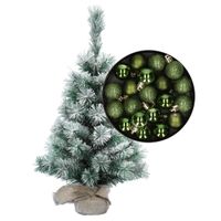 Besneeuwde mini kerstboom/kunst kerstboom 35 cm met kerstballen groen - thumbnail