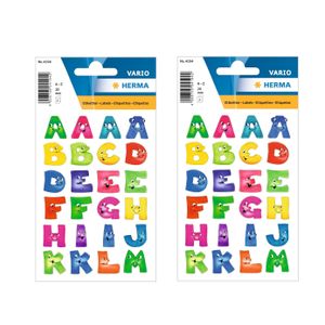 4x Stickervelletjes met 96x stuks plak letters A-Z gekleurde letters met gezichtjes 28 mm