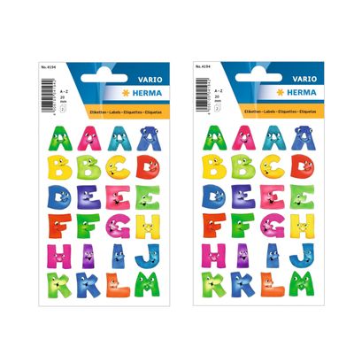 4x Stickervelletjes met 96x stuks plak letters A-Z gekleurde letters met gezichtjes 28 mm