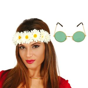 Flower Power verkleed accessoires dames - Bloemen hoofdband - Hippie bril ronde glazen in het groen