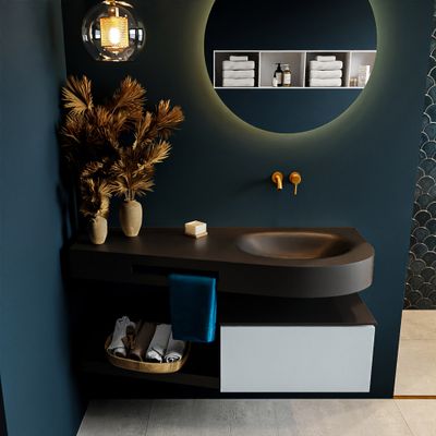 MONDIAZ RIVA 120cm badmeubel onderkast / planchet kleur Clay met 1 lade. Wastafel DULCET rechts 0 kraangaten kleur Urban. MONDIAZ RIVA 120cm badmeubel onderkast / planchet kleur Clay met 1 lade. Wastafel DULCET rechts 0 kraangaten kleur Urban.