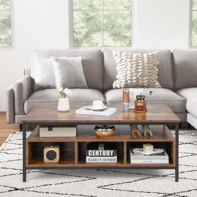 Rechthoekige Salontafel met 3 Niveaus Cocktailtafel in Industriële Stijl met Stevig Metalen Frame Theetafel met Open Schap en Vakken