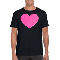 Verkleed T-shirt voor heren - hartje - zwart - roze glitter - carnaval/themafeest