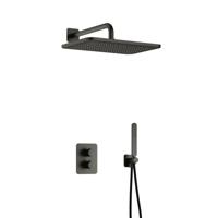 Hotbath Gal - GL106 - Inbouw Regendoucheset - Geborsteld Gunmetal PVD - Thermostatisch - Wandarm 35 cm - Hoofddouche 270x400 mm - Staafhanddouche - met GL106 - met 2-Weg Stop-Omstel