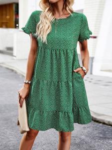 Casual Polka Dots Loose Crew Neck Dress With No