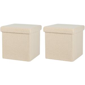 Poef Teddy BOX - 2x - hocker - opbergbox - beige - polyester/mdf - 38 x 38 cm - opvouwbaar