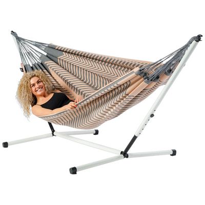 Tweepersoons hangmat met metalen standaard - 350x160cm - Roze - 160kg draagkracht- 100% katoen - binnen & buiten