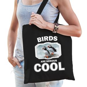 Katoenen tasje birds are serious cool zwart - vogels/ papegaaiduiker vogel cadeau tas   -