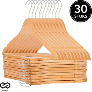 Infinity Goods 30 Houten Kledinghangers - Kleerhanger - Inkeping en Broeklat - Metalen Haak - Volwassenen - Bruin