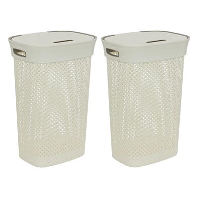 Wasmand met deksel Rotan - 2x - wit - gevlochten kunststof - 60 liter - 42 x 33 x 61 cm
