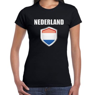 Nederland landen supporter t-shirt met Nederlandse vlag schild zwart dames Nederland landen supporter t-shirt met Nederlandse vlag schild zwart dames