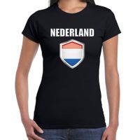 Nederland landen supporter t-shirt met Nederlandse vlag schild zwart dames - thumbnail