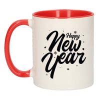 Happy new year cadeau mok rood met sterren en sneeuwvlokken 300 ml - thumbnail