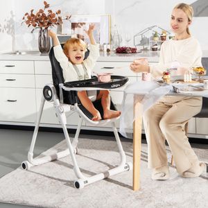 Kinderstoel Opvouwbare Eetstoel met 6 Verstelbare Hoogtes 3-Positie Rugleuning 4-Positie Voetsteun Afneembare 4 Vergrendelbare Wielen