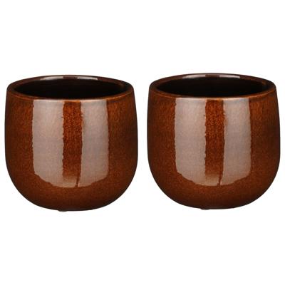 2x mica decorations plantenpot/bloempot - keramiek - terra bruin glans/spotted- d14/h12 cm