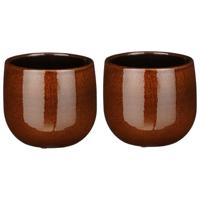 2x mica decorations plantenpot/bloempot - keramiek - terra bruin glans/spotted- d14/h12 cm