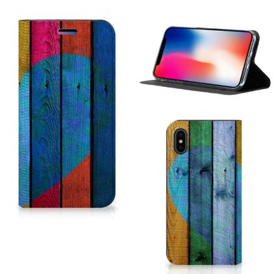 Apple iPhone X | Xs Book | Wallet Case | Wood Heart - Cadeau voor je Vriend