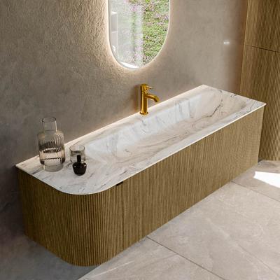 Badmeubel Mondiaz Kurve-Dlux | 145 cm cm | Meubelkleur Dusk | Wastafelkleur Glace | Solid surface | Wasbak rechter zijde spoelbak | 1 kraangat