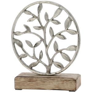 Decoratie levensboom rond van aluminium op houten voet 20 cm zilver