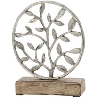 Decoratie levensboom rond van aluminium op houten voet 20 cm zilver