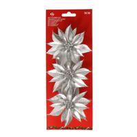 Kerstboom bloemen op clip - 6x stuks - zilver - kunststof - kerstornamenten