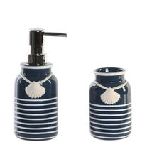 Badkamer accessoires setje drinkbeker en zeeppompje 18 cm beach blue/white - thumbnail