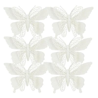Kerstboomversiering Vlinder - 6x stuks - 16 cm - wit glitter - op clip
