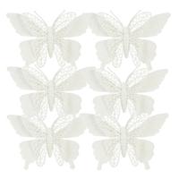 Kerstboomversiering Vlinder - 6x stuks - 16 cm - wit glitter - op clip